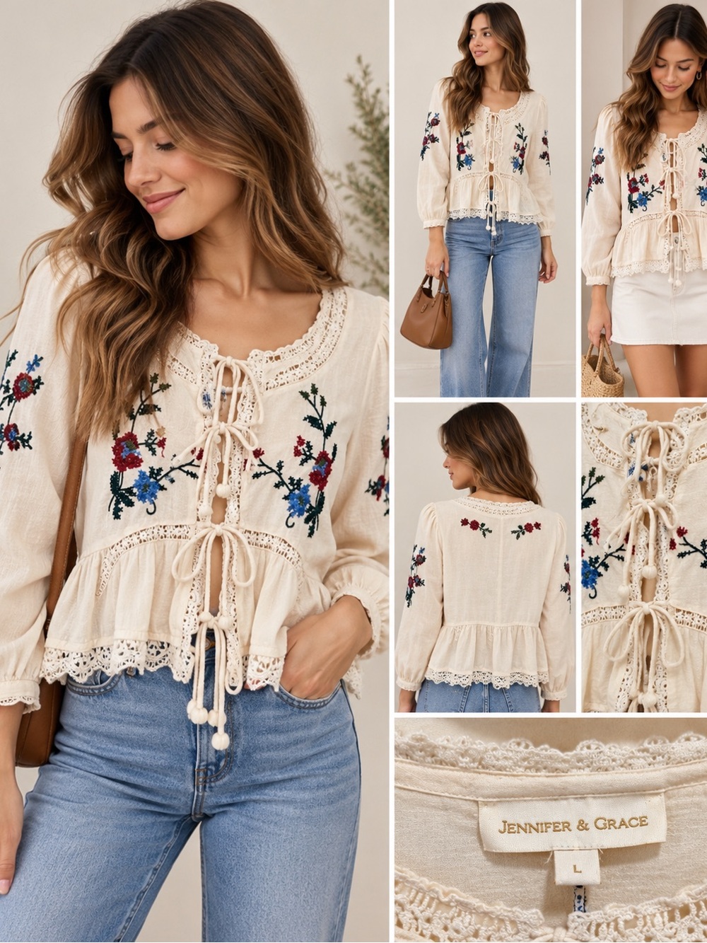 Jennifer & Grace Floral Embroidered Tie Front Cotton Boho Blouse Cream L NWT
